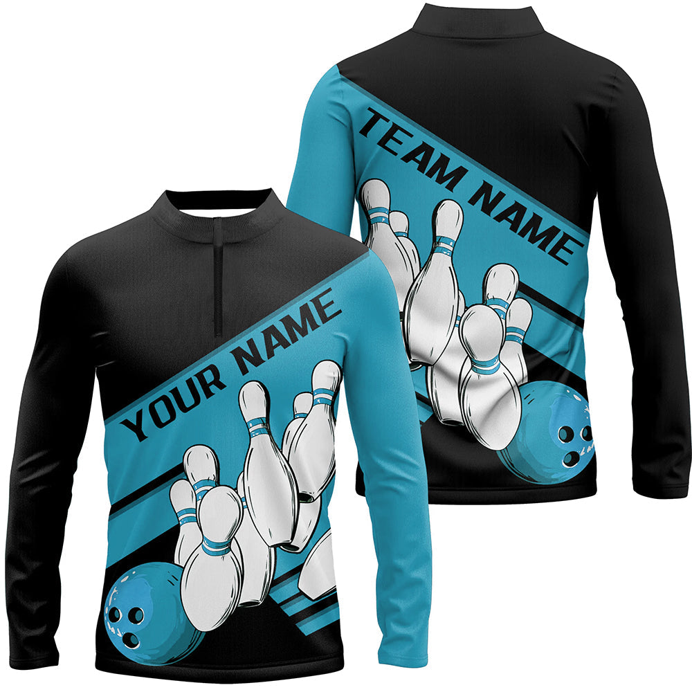 Black And Blue Custom Bowling Shirts For Men, Bowling League Shirt Bowling Team Uniform IPHW7921