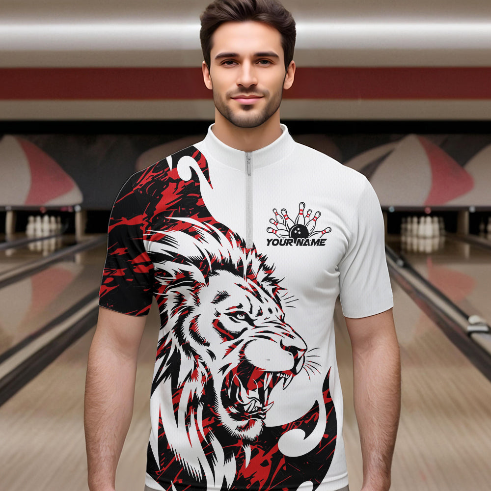 Custom Red Camo Lion Bowling Team Quarter-Zip Shirts For Men, Lion Bowling League Shirt IPHW8855