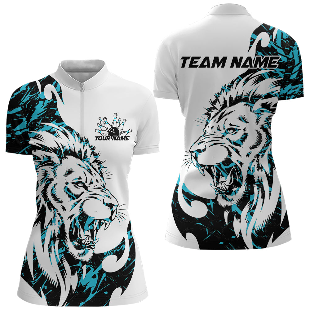 Custom Blue Camo Lion Bowling Team Quarter-Zip Shirts For Women, Lion Bowling League Shirt IPHW8856