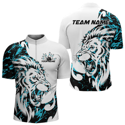 Custom Blue Camo Lion Bowling Team Quarter-Zip Shirts For Men, Lion Bowling League Shirt IPHW8856