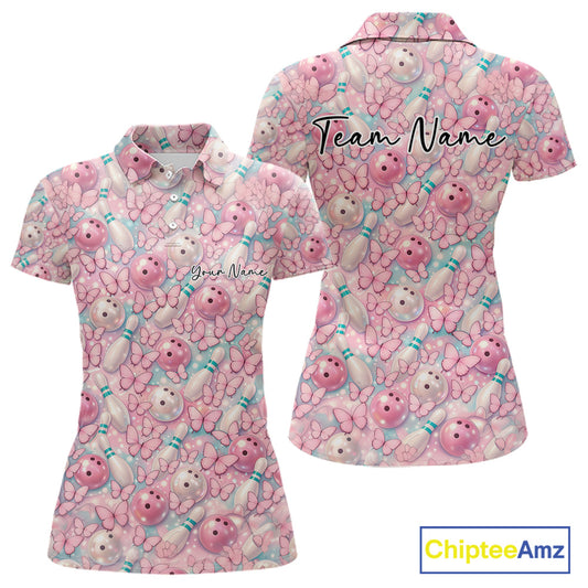 Custom Pastel Blue And Pink Butterfly Bowling Women Polo Shirt, Ladies Outfit IPHW10930