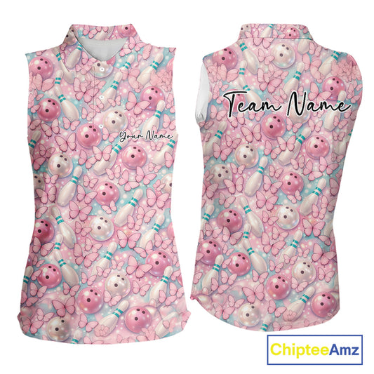 Custom Pastel Blue And Pink Butterfly Bowling Women Sleeveless Polo Shirt, Ladies Outfit IPHW10930
