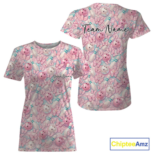 Custom Pastel Blue And Pink Butterfly Bowling Women T-Shirts, Ladies Outfit IPHW10930