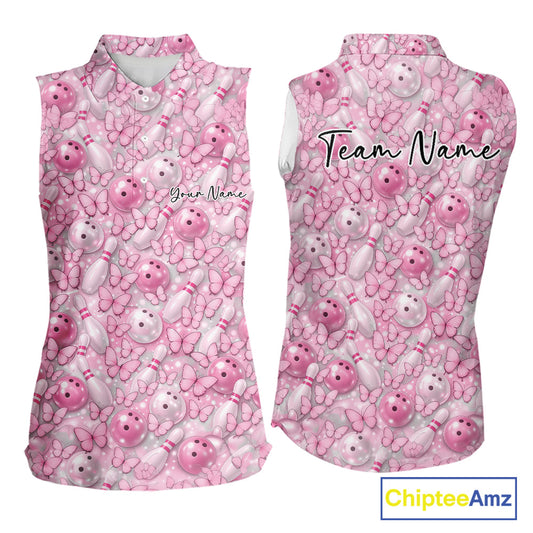 Custom Pink Butterfly Bowling Women Sleeveless Polo Shirt, Ladies Bowlers Outfit IPHW10931