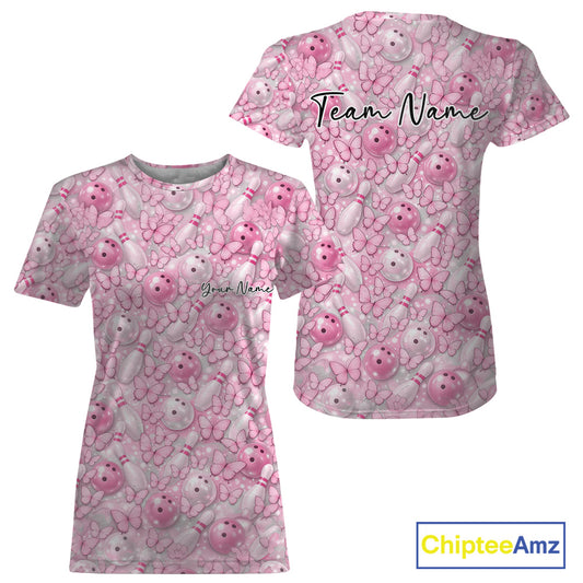 Custom Pink Butterfly Bowling Women T-Shirts, Ladies Bowlers Outfit IPHW10931