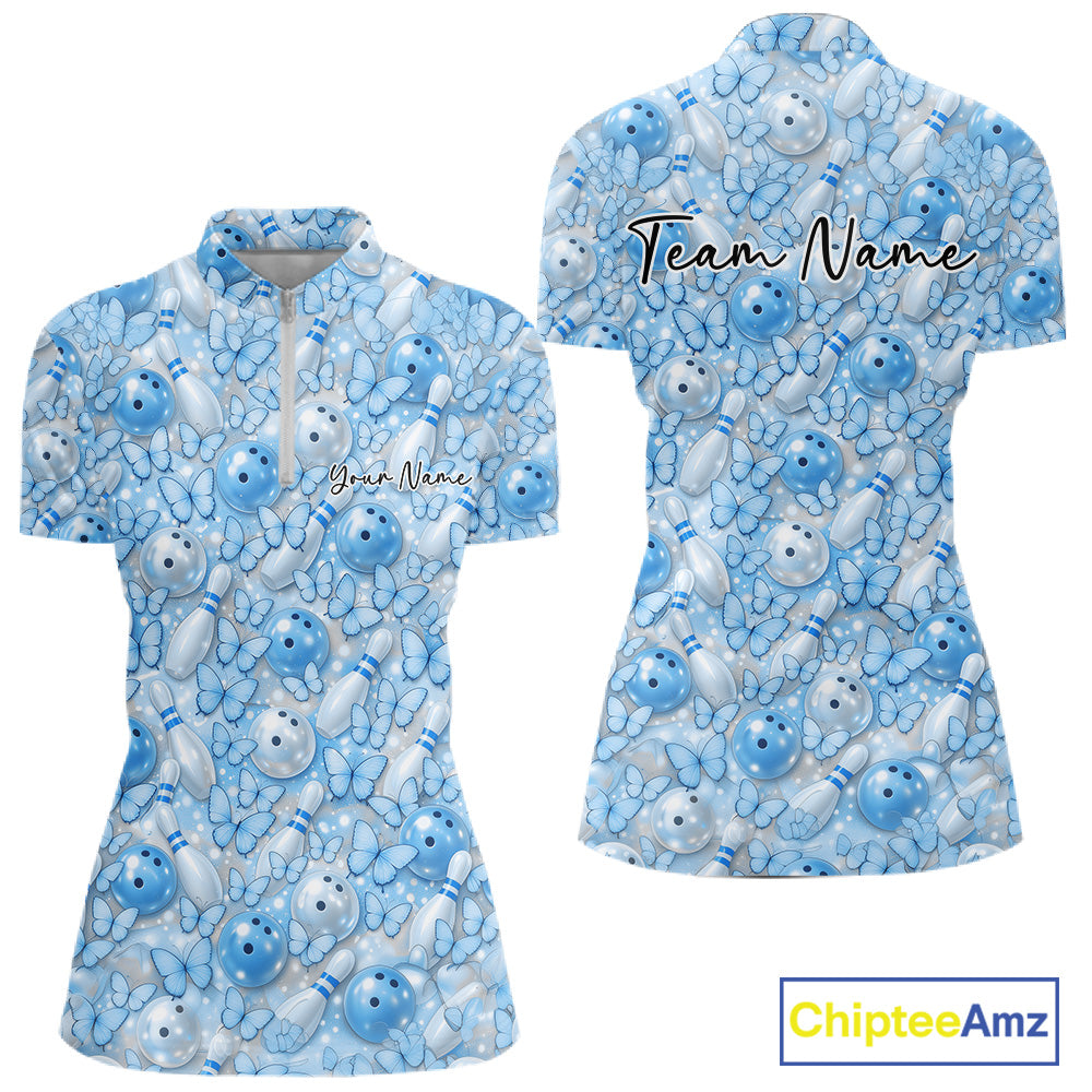Custom Purple Butterfly Bowling Women Quarter-Zip Shirt, Ladies Bowlers Outfit IPHW10933