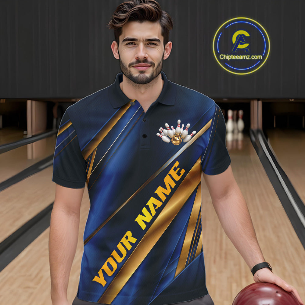 Custom Blue And Gold Stripes Men Bowling Polo Shirt, Golden Bowling Team Jerseys IPHW11610