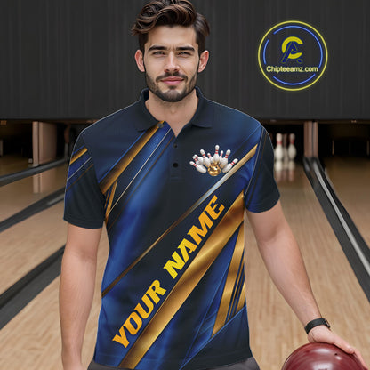 Custom Blue And Gold Stripes Men Bowling Polo Shirt, Golden Bowling Team Jerseys IPHW11610