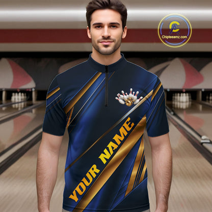 Custom Blue And Gold Stripes Men Bowling Quarter Zip Shirt, Golden Bowling Team Jerseys IPHW11610