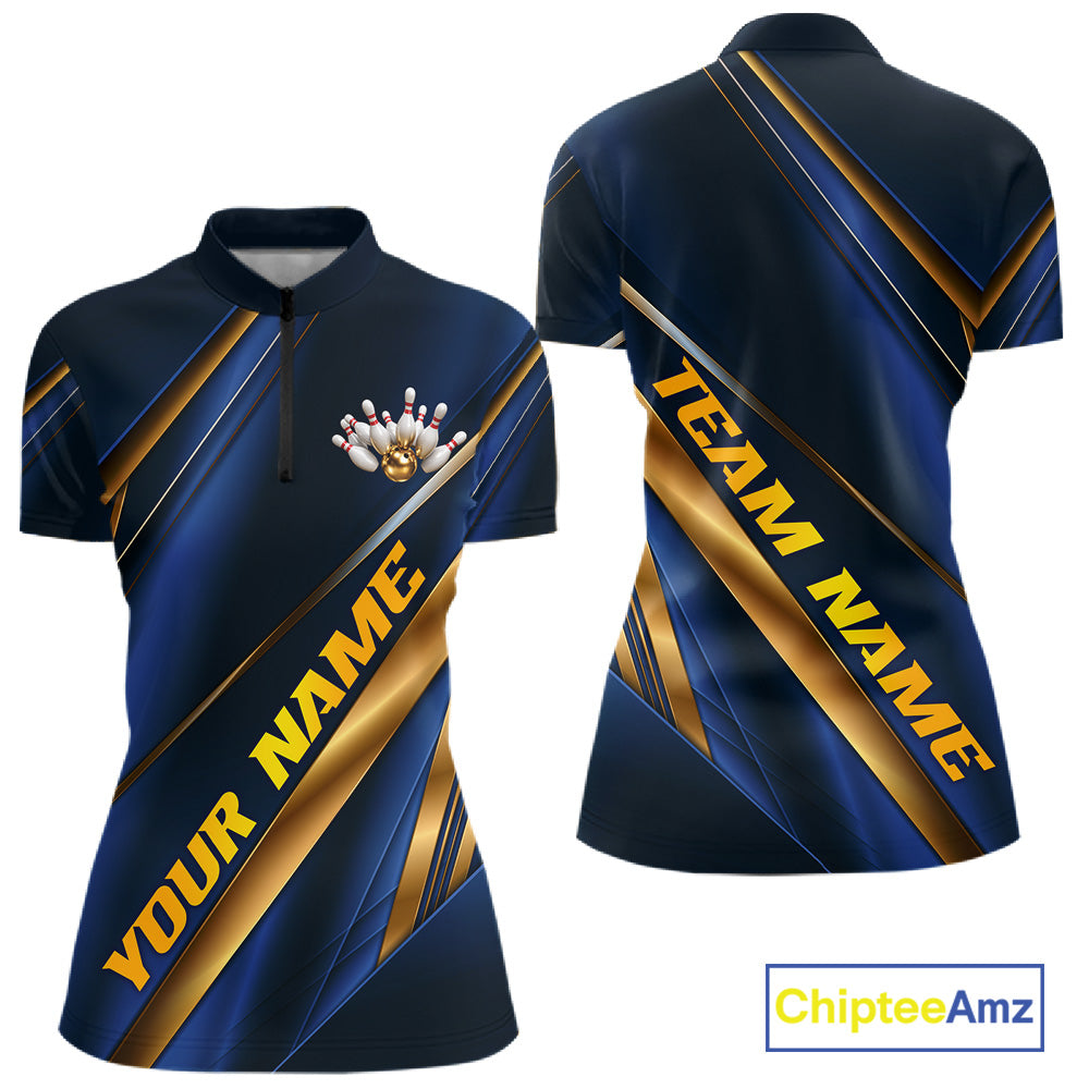 Custom Blue And Gold Stripes Women Bowling Quarter-Zip Shirt, Golden Bowling Team Jersey IPHW11610
