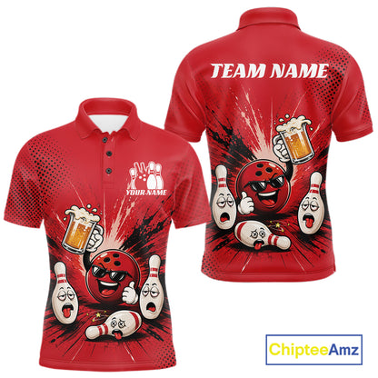 Custom Funny Beer Pitcher Bowling Men Polo Shirt, Red Bowling Party Shirt IPHW11853
