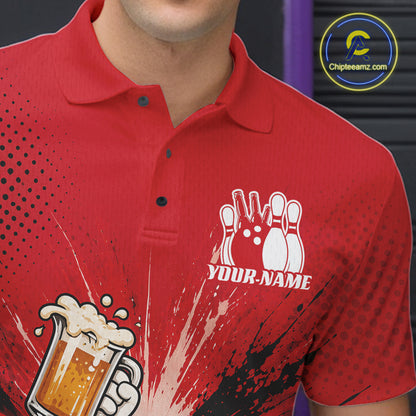 Custom Funny Beer Pitcher Bowling Men Polo Shirt, Red Bowling Party Shirt IPHW11853