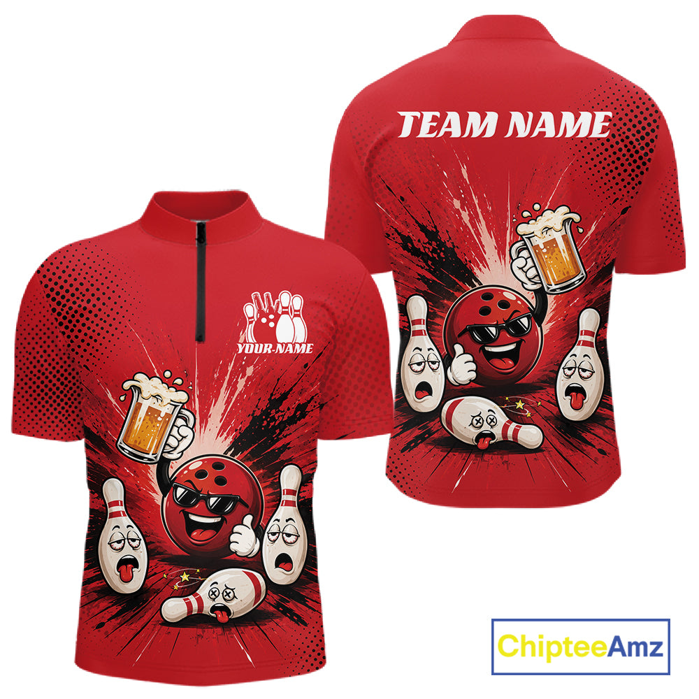 Custom Funny Beer Pitcher Bowling Men Quarter Zip Shirt, Red Bowling Party Shirt IPHW11853