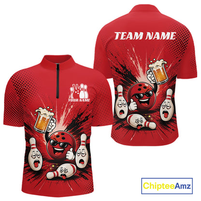 Custom Funny Beer Pitcher Bowling Men Quarter Zip Shirt, Red Bowling Party Shirt IPHW11853