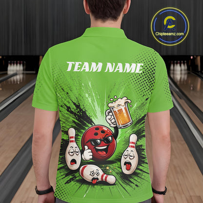 Custom Funny Beer Pitcher Bowling Men Polo Shirt, Green Bowling Party Shirt IPHW11855