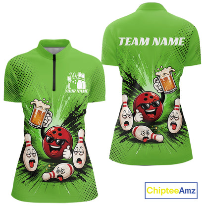 Custom Funny Beer Pitcher Bowling Women Quarter-Zip Shirt, Green Bowling Party Shirt IPHW11855