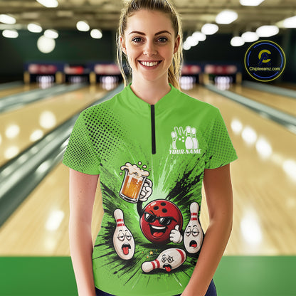 Custom Funny Beer Pitcher Bowling Women Quarter-Zip Shirt, Green Bowling Party Shirt IPHW11855