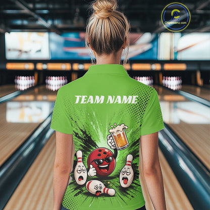 Custom Funny Beer Pitcher Bowling Women Quarter-Zip Shirt, Green Bowling Party Shirt IPHW11855