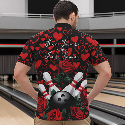 Black And Red Heart Theme Custom Valentines Bowling Quarter-Zip Shirt For Men, Couple Bowling Shirt IPHW8356