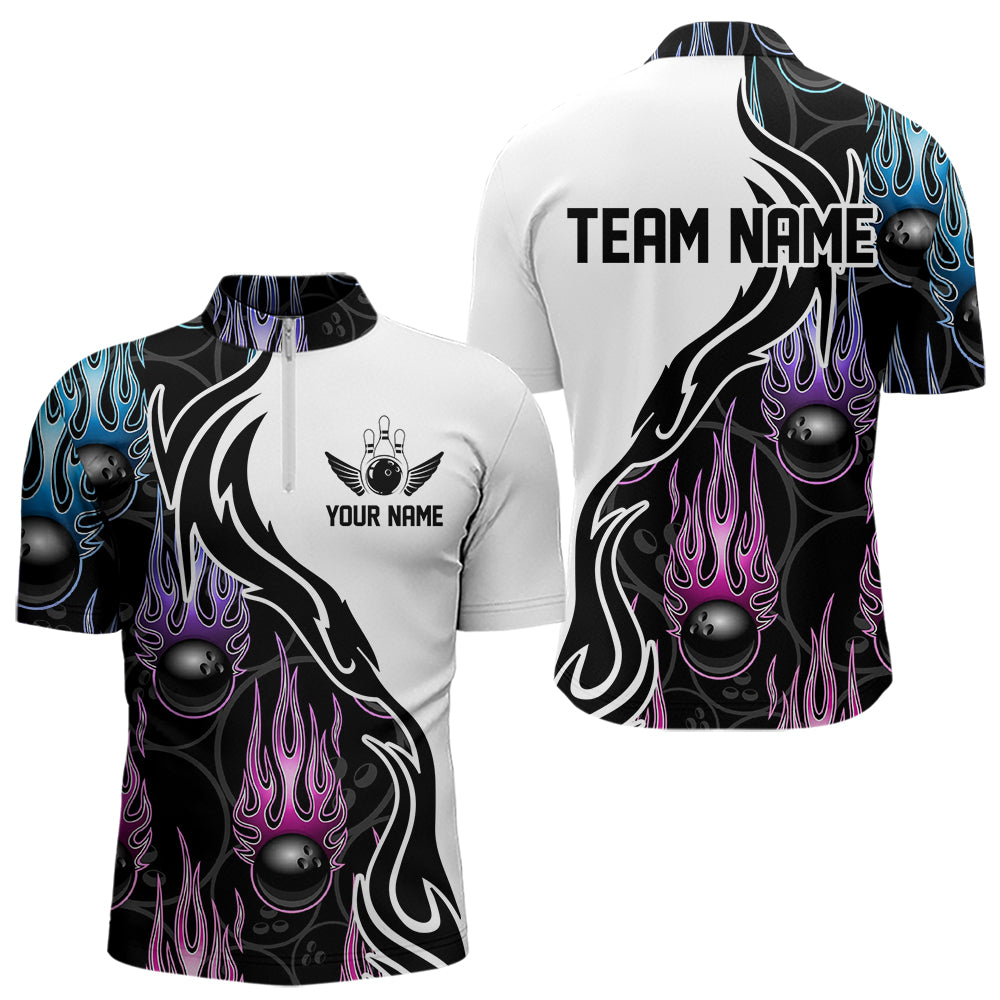 Pink Purple Blue Flame Ball Custom Bowling Team Men Quarter-Zip Shirts, Fire Bowling League Shirt IPHW8864