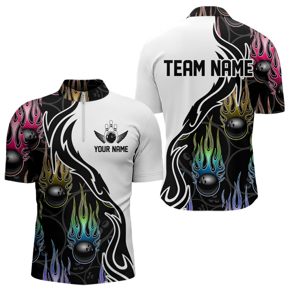 Colorful Rainbow Flame Ball Custom Bowling Team Men Quarter-Zip Shirts, Fire Bowling League Shirt IPHW8865