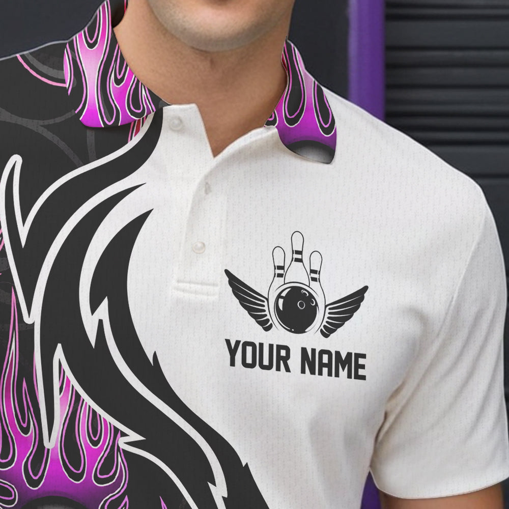 Blue Purple Pink Flame Ball Custom Bowling Team Men Polo Shirts, Fire Bowling League Shirt IPHW8866