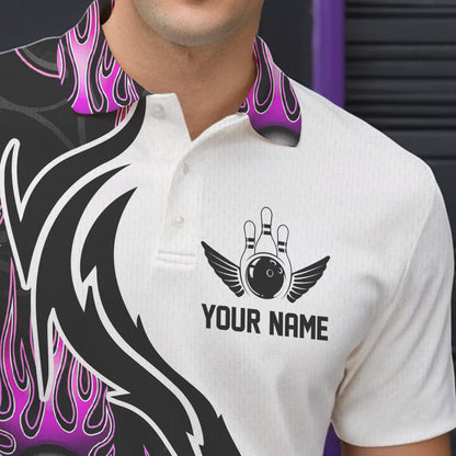Blue Purple Pink Flame Ball Custom Bowling Team Men Polo Shirts, Fire Bowling League Shirt IPHW8866