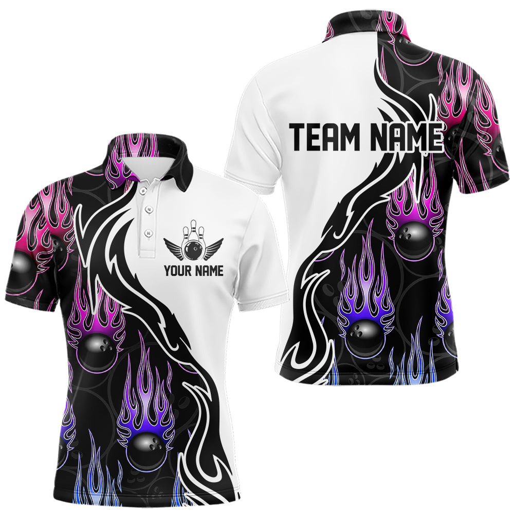 Blue Purple Pink Flame Ball Custom Bowling Team Men Polo Shirts, Fire Bowling League Shirt IPHW8866
