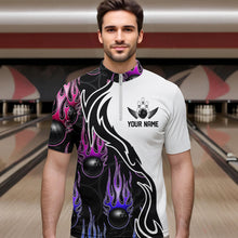 Load image into Gallery viewer, Blue Purple Pink Flame Ball Custom Bowling Team Men Quarter-Zip Shirts, Fire Bowling League Shirt IPHW8866