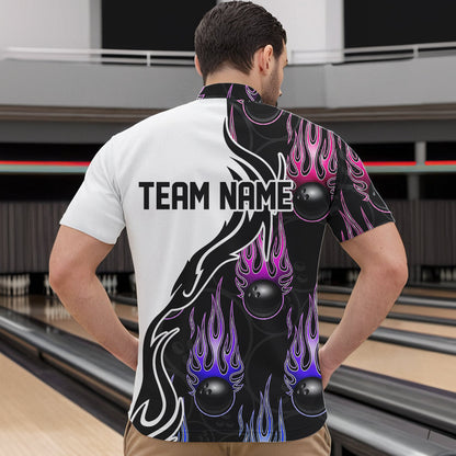 Blue Purple Pink Flame Ball Custom Bowling Team Men Quarter-Zip Shirts, Fire Bowling League Shirt IPHW8866