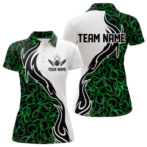 Black And Green Bowling Pattern Custom Bowling Team Women Polo Shirts, Bowling League Shirt IPHW8867