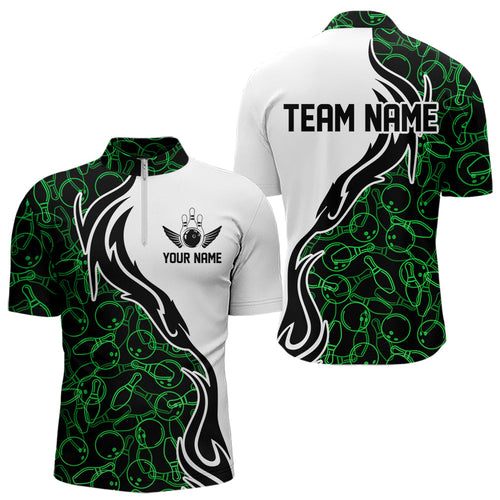 Black And Green Bowling Pattern Custom Bowling Team Men Quarter-Zip Shirts, Bowling League Shirt IPHW8867