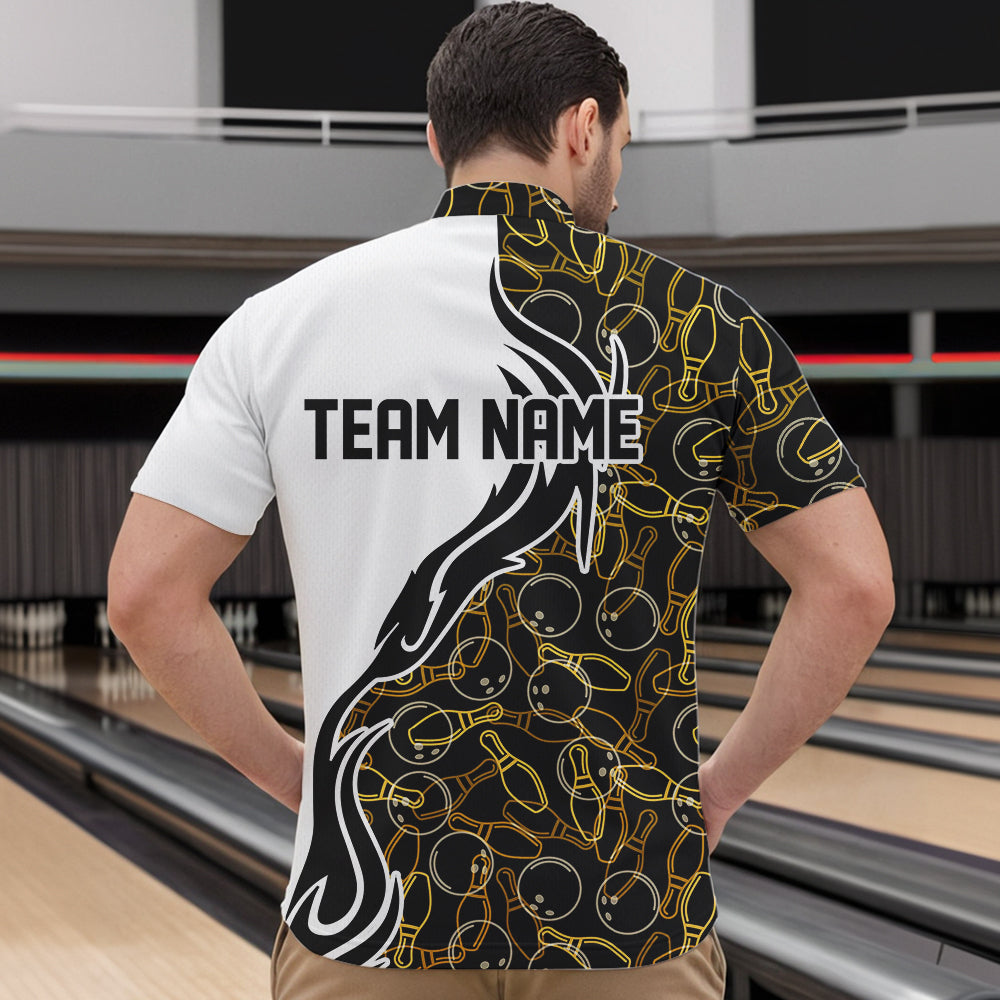 Black And Yellow Bowling Pattern Custom Bowling Team Men Quarter-Zip Shirts, Bowling League Shirt IPHW8868