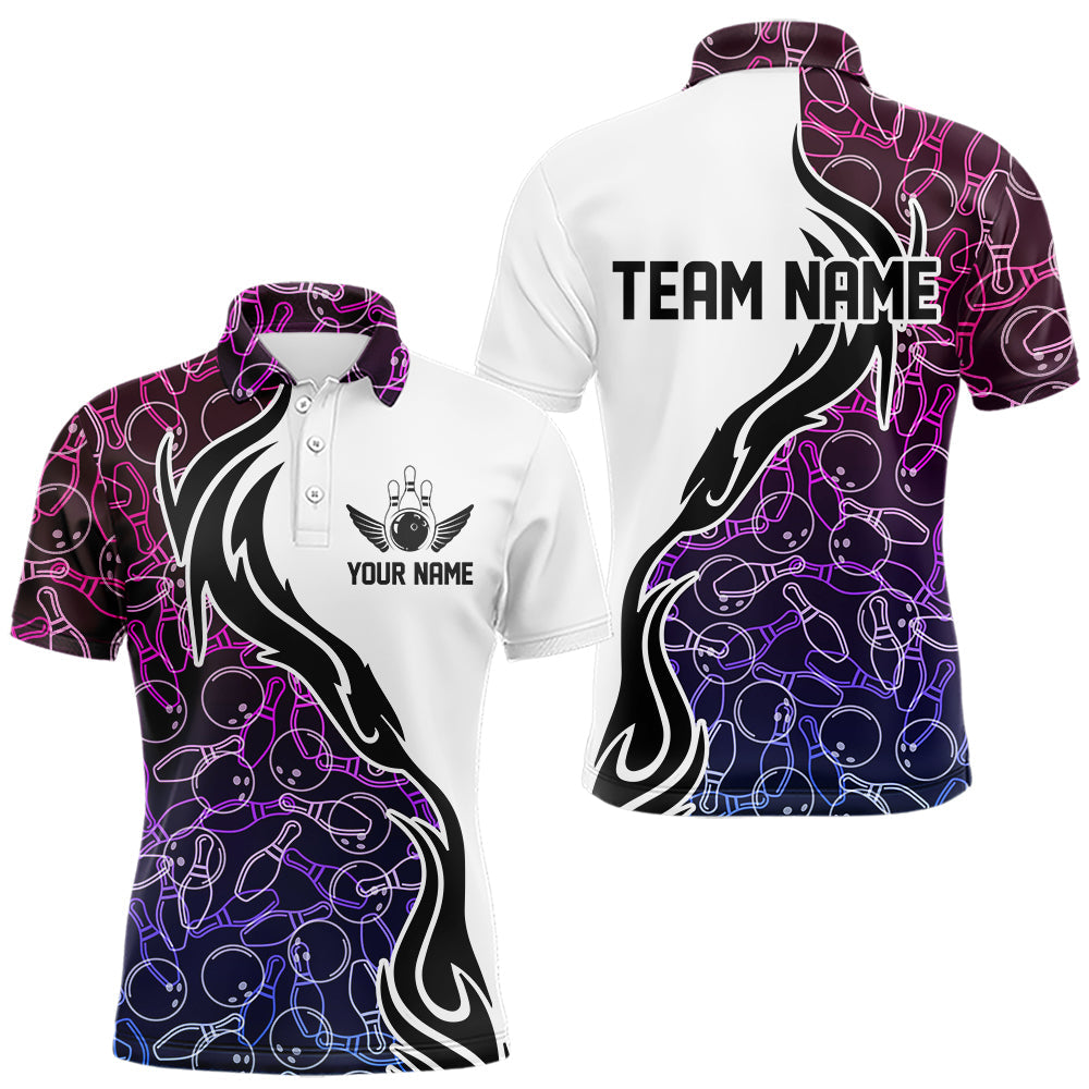 Blue Purple Pink Bowling Pattern Custom Bowling Team Men Polo Shirts, Bowling League Shirt IPHW8869