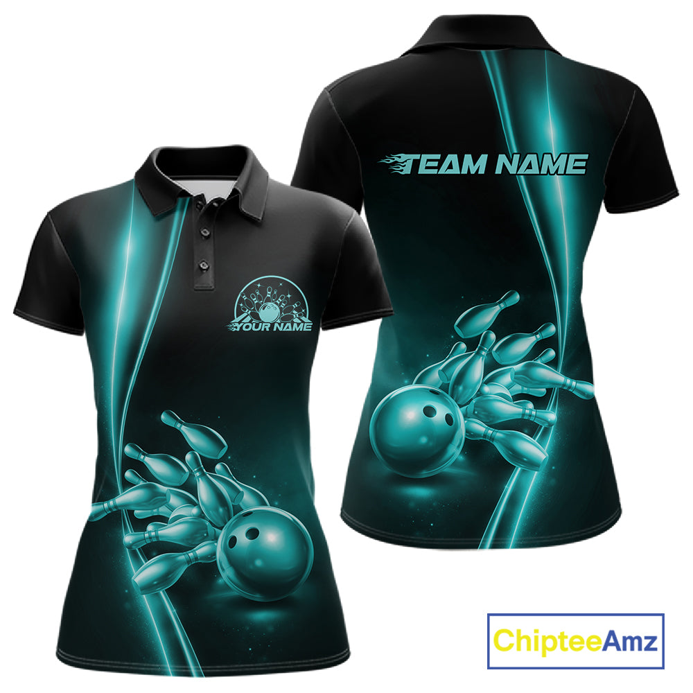 Front and back view of a womens black polo shirt mockup featuring a turquoise blue bowling ball and pins design with clean sporty graphics.