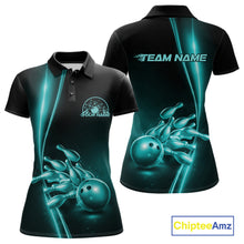 Load image into Gallery viewer, Custom Black And Turquoise Blue Bowling Women Polo Shirt, Bowling Tournament Shirt Outfit IPHW11249