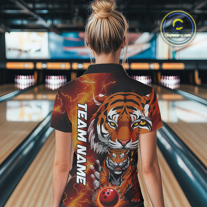 Custom Thunder Lightning Tiger Bowling Quarter-Zip Shirts For Women, Bowling Team Outfit IPHW9093