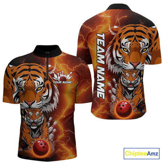 Custom Thunder Lightning Tiger Bowling Quarter-Zip Shirts For Men, Bowling Team Outfit IPHW9093