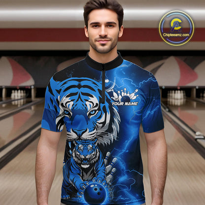 Custom Blue Thunder Lightning Tiger Bowling Quarter-Zip Shirts For Men, Bowling Team Outfit IPHW9094
