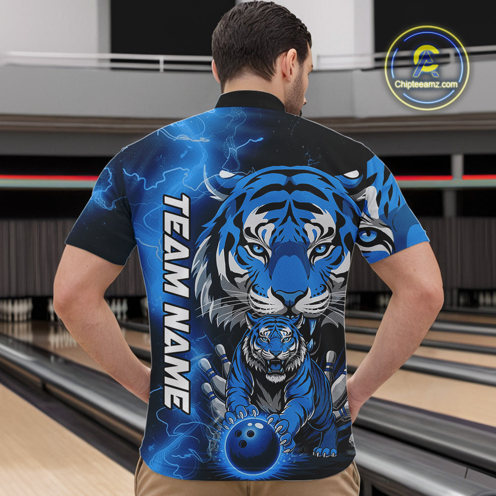 Custom Blue Thunder Lightning Tiger Bowling Quarter-Zip Shirts For Men, Bowling Team Outfit IPHW9094