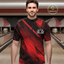 Load image into Gallery viewer, Man wearing a red and black bowling shirt with a personalized logo in a bowling alley.