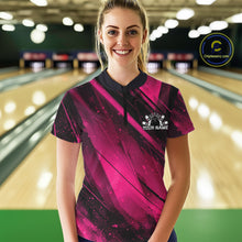 Load image into Gallery viewer, Woman wearing a pink and black bowling shirt with 'Your Name' printed on it, standing in a bowling alley.