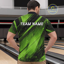 Load image into Gallery viewer, Person wearing a green and black bowling shirt with 'TEAM NAME' text in a bowling alley.