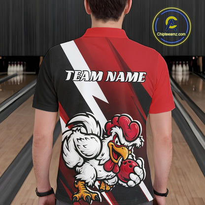 Custom Black And Red Funny Bold Confident Chicken Bowling Shirt For Men, Bowling Jerseys IPHW11622