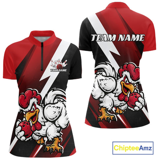 Custom Black And Red Funny Bold Confident Chicken Women Bowling Shirt, Bowling Jerseys IPHW11622