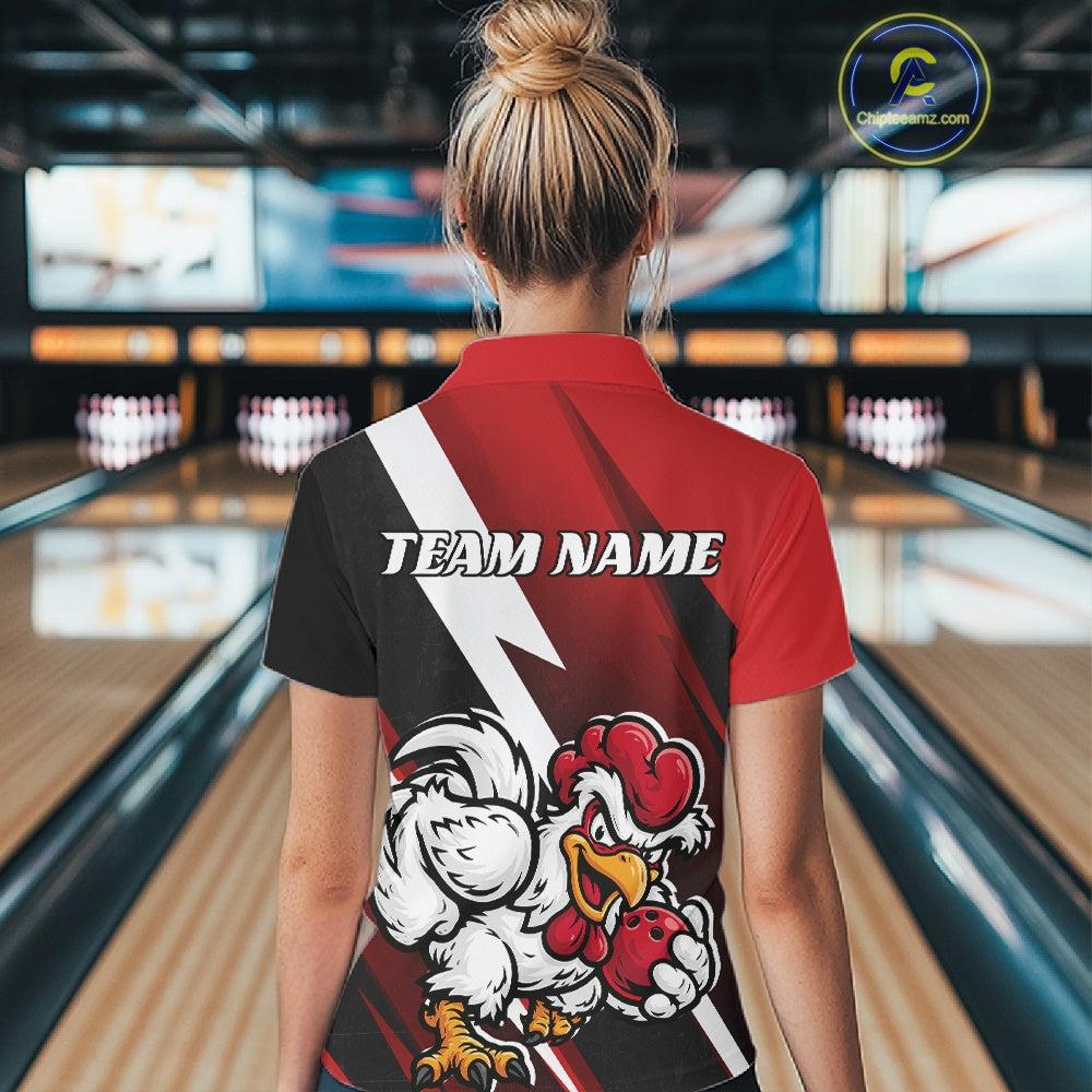 Custom Black And Red Funny Bold Confident Chicken Women Bowling Shirt, Bowling Jerseys IPHW11622