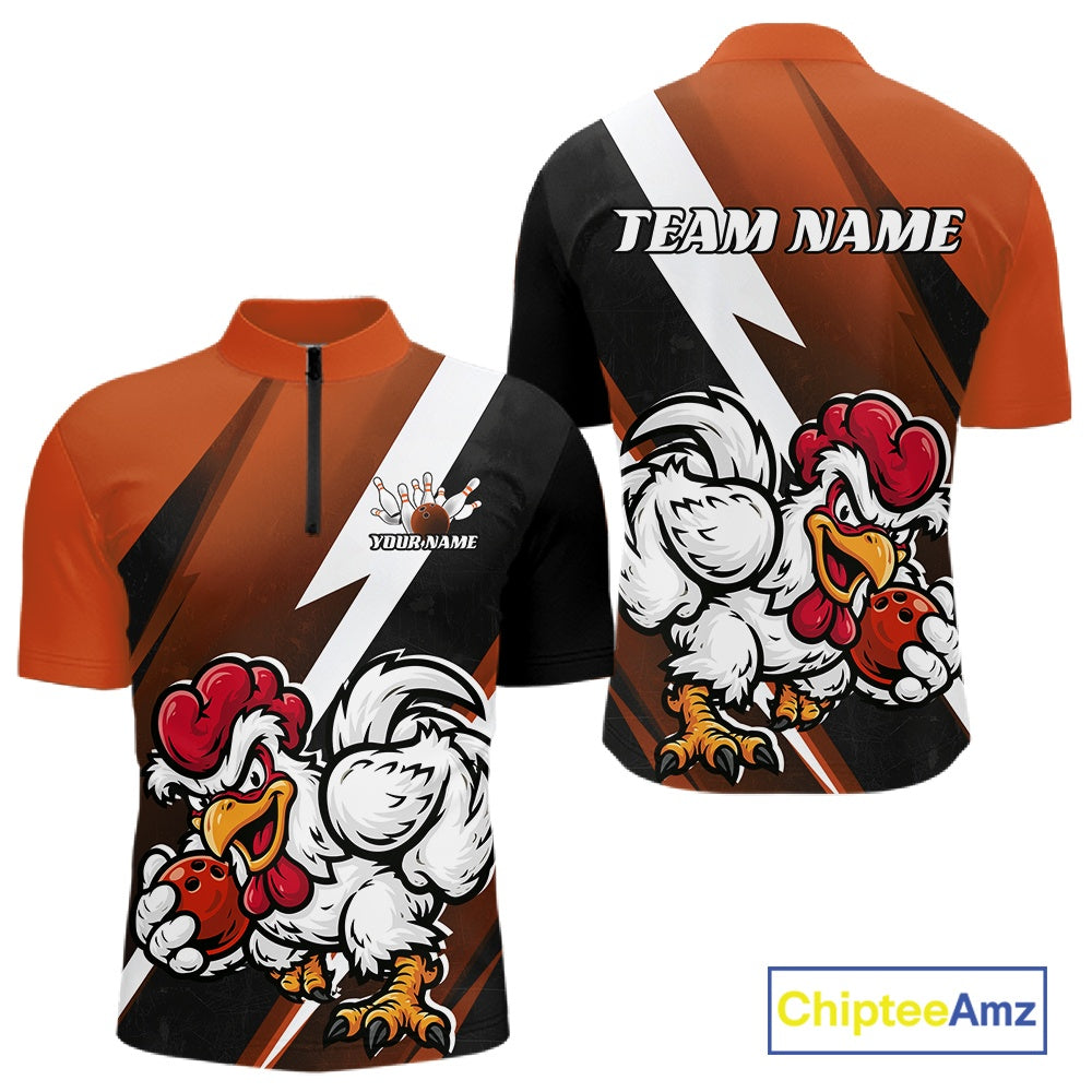 Custom Orange Funny Bold Confident Chicken Bowling Shirt For Men, Bowling Jerseys IPHW11625