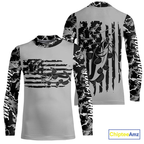 Custom Gray Camo US Flag Patriotic Catfish Fishing Kid Long Sleeve Tournament Fishing Shirts IPHW9668