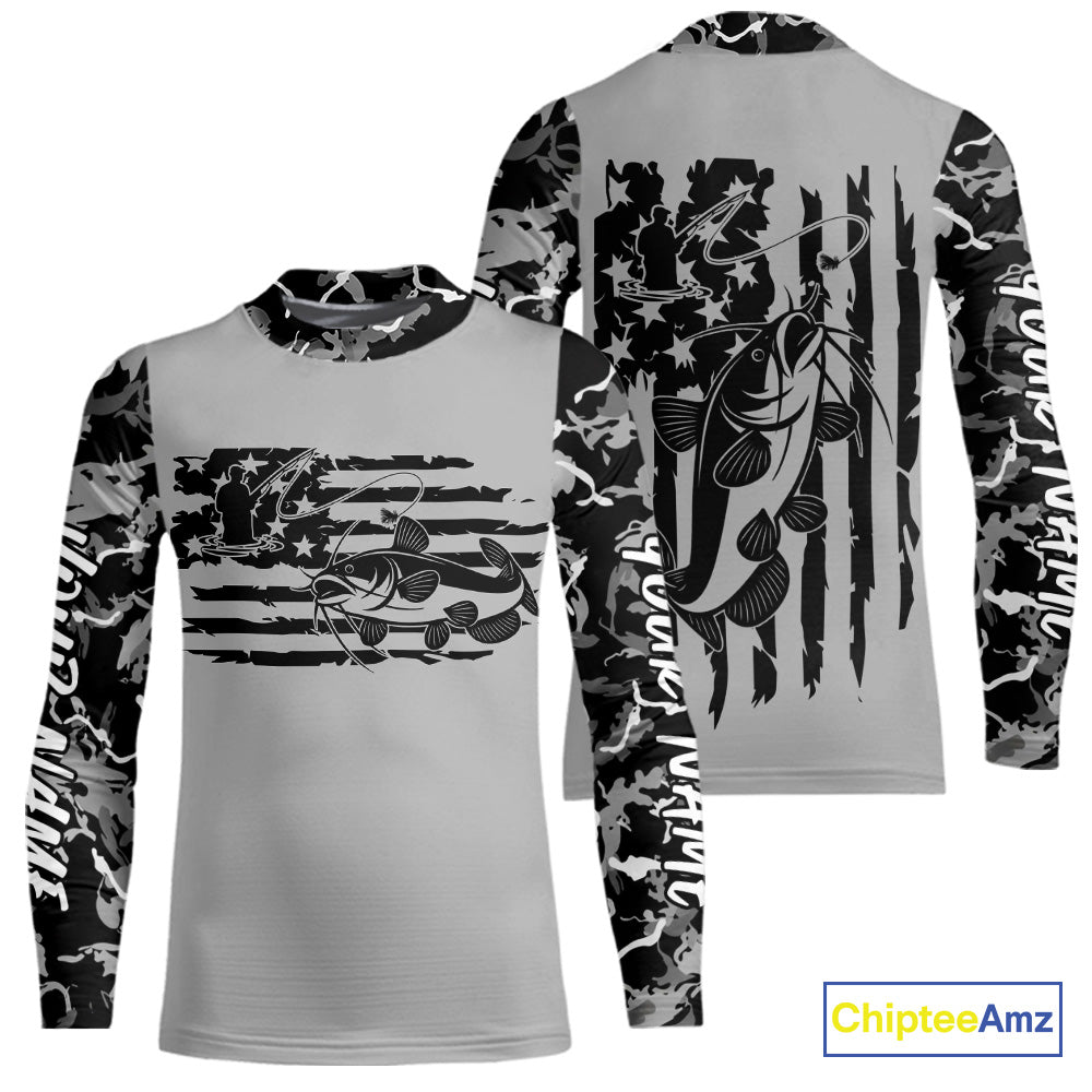 Custom Gray Camo US Flag Patriotic Catfish Fishing Kid Long Sleeve Tournament Fishing Shirts IPHW9668