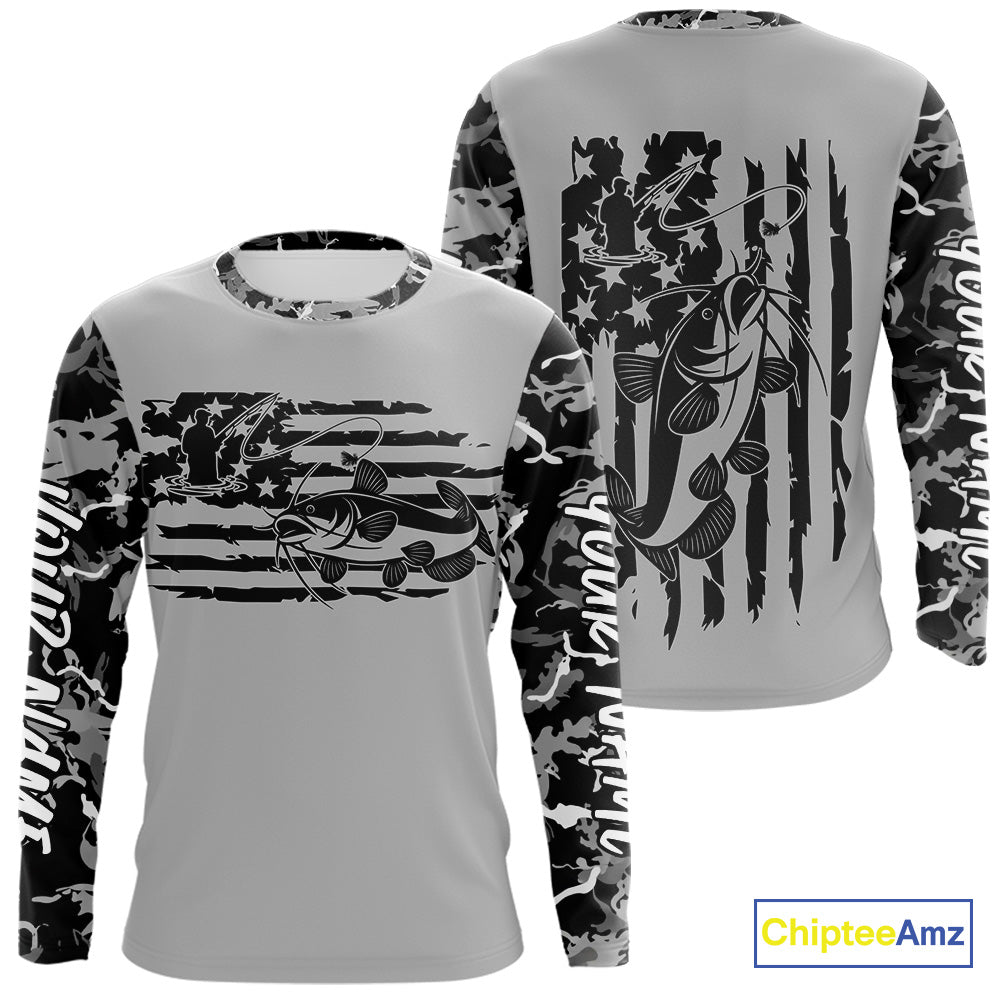 Custom Gray Camo US Flag Patriotic Catfish Fishing Long Sleeve Tournament Fishing Shirts IPHW9668